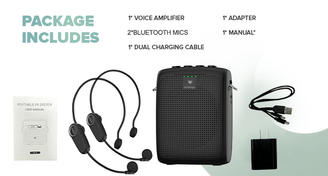 WinBridge Wireless Voice Amplifier with Two Bluetooth Headset Microphones, Portable Speaker and Mic for Teachers, Megaphone Portable Microphone Crisp Clear Big Sound 15W|2600mAh WB002 Plus