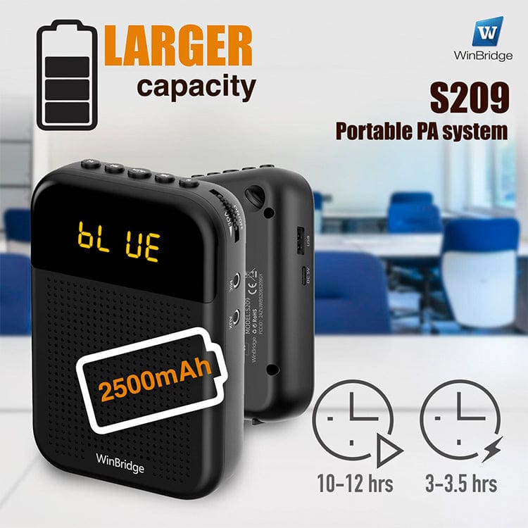 WinBridge S209 Voice Amplifier with Wired Mic Headset 16W 2500mAh  Bluetooth Mute LED Display for Teachers