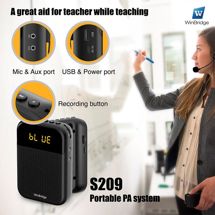 WinBridge S209 Voice Amplifier with Wired Mic Headset 16W 2500mAh  Bluetooth Mute LED Display for Teachers